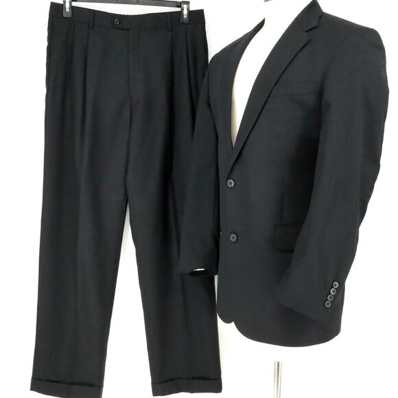 Jos A Bank Suit Mens Size 41L Wool Navy Blue Micro Stripe Pleated Cuffed Pants